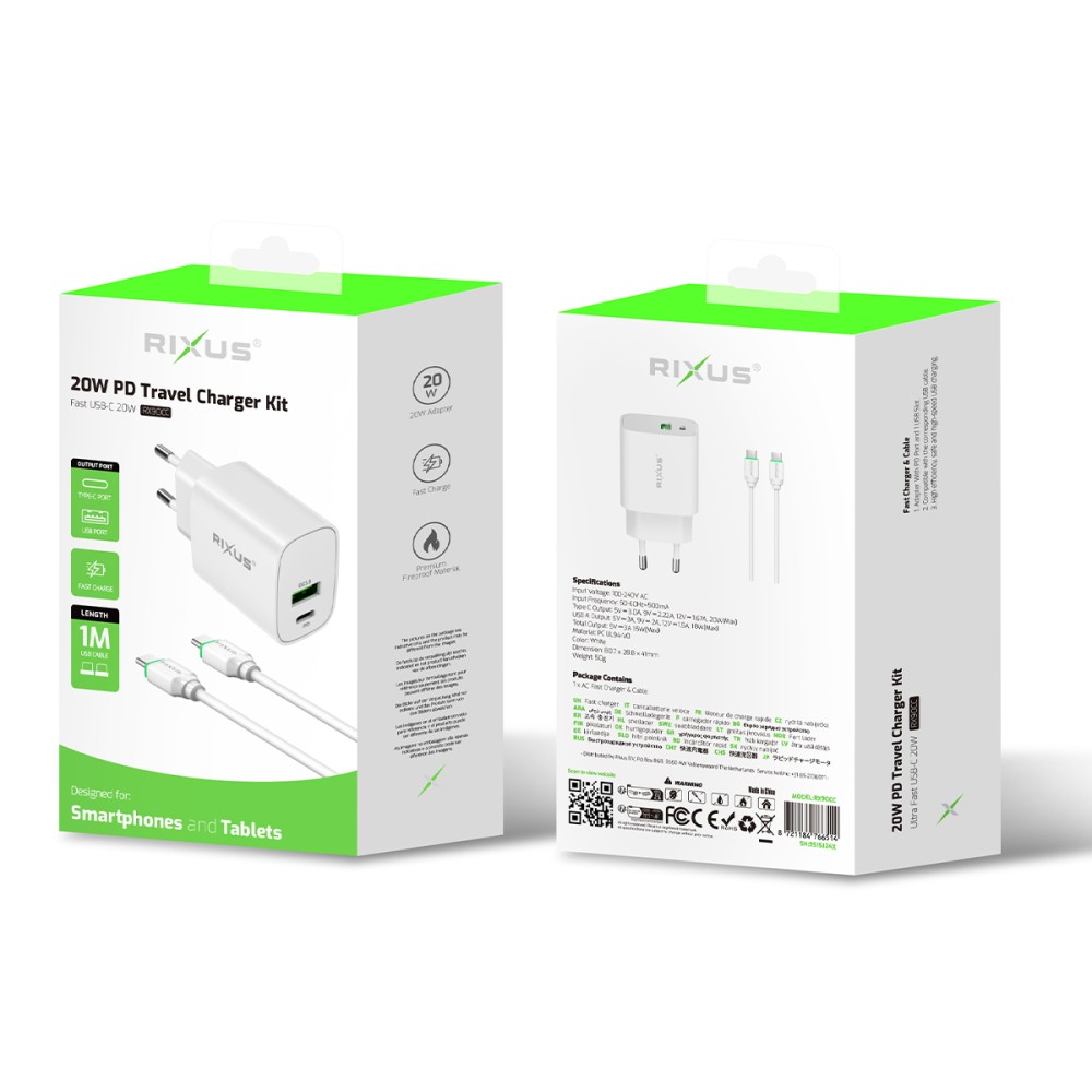 Rixus RX90CC 20W Adapter With Type C To Type C Cable