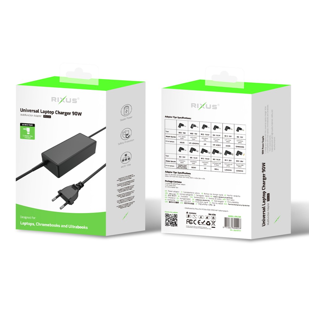 Rixus RXLC20 Universal Laptop Charger With 12 Connectors 90W Black