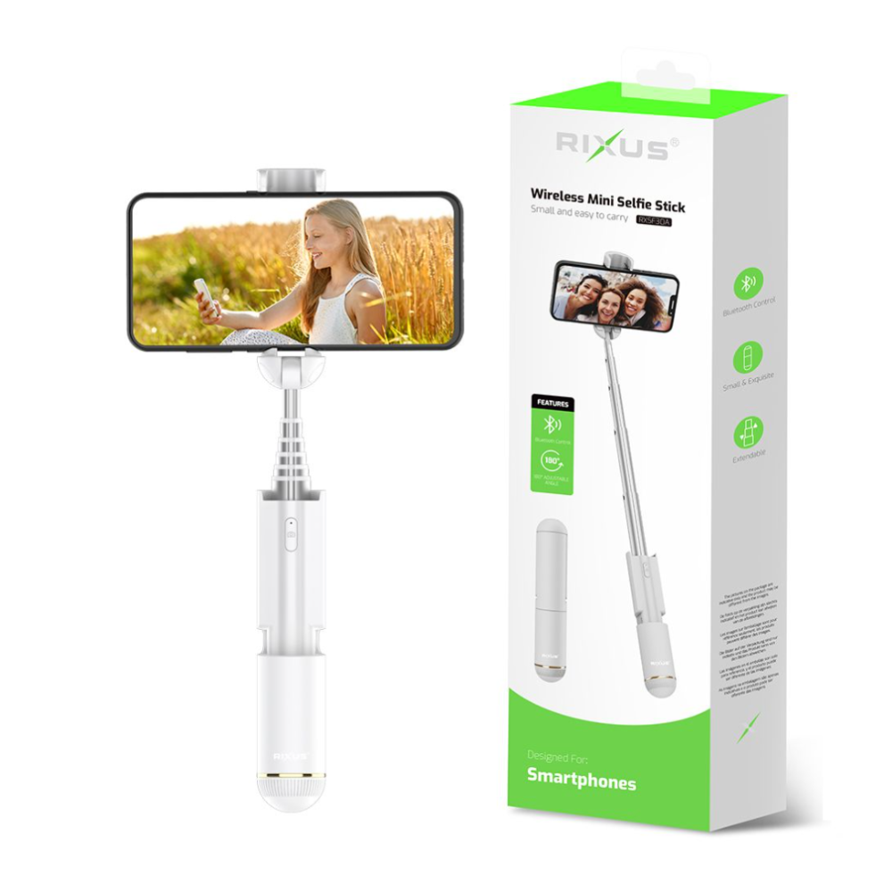 Rixus RXSF30A Mini Integrated Selfie Stick Bluetooth White