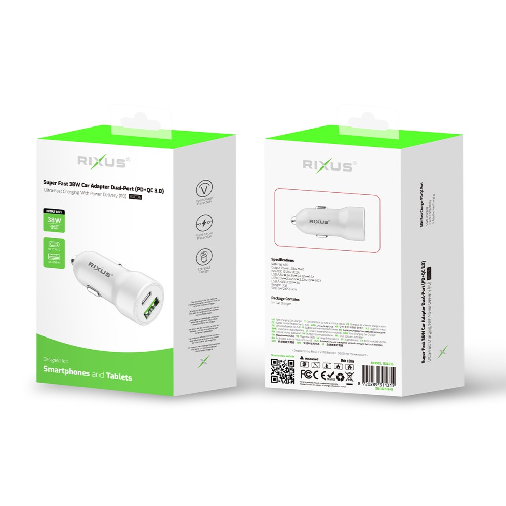 Rixus RXCC16 Super Fast Car Adapter Dual-Port (PD+QC 3.0) 38W
