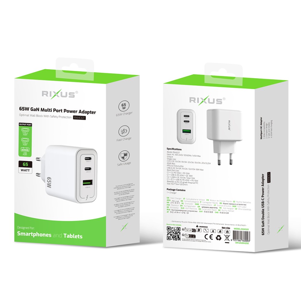 Rixus RXHC67 65W GaN Multi Port Power Adapter White