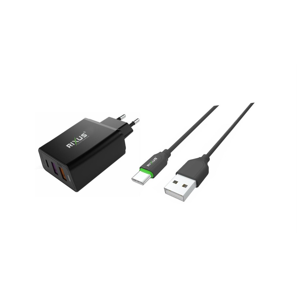 Rixus RX70B Dual USB And PD Charger With USB To Type-C Cable 30W Black