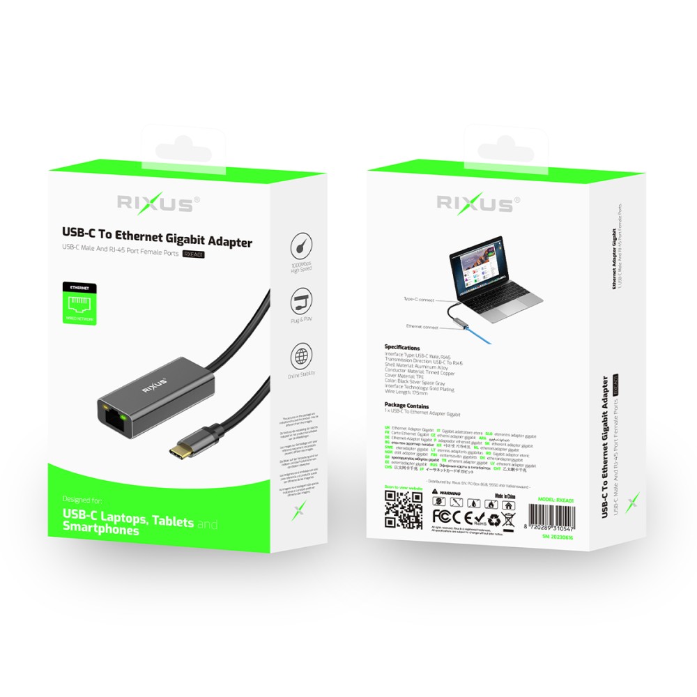 Rixus RXEA01 Type-C To 1000Mbps Card RJ45 Gigabit Drive-free Grey