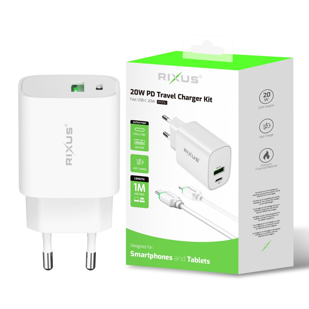 Rixus RX90L 20W Adapter With Type C To Lightning Cable