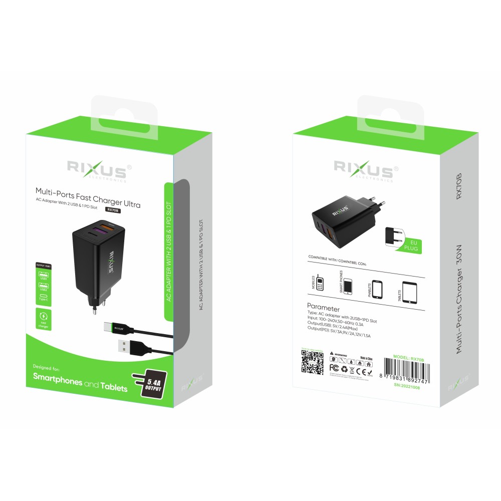 Rixus RX70B Dual USB And PD Charger With USB To Type-C Cable 30W Black