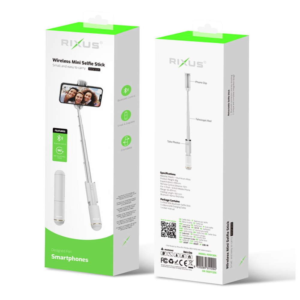 Rixus RXSF30A Mini Integrated Selfie Stick Bluetooth White