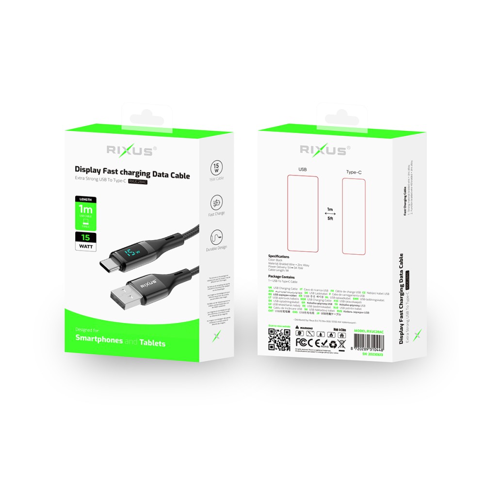 Rixus RXUC28AC Braided USB To USB-C Cable With LED Display 100CM Black