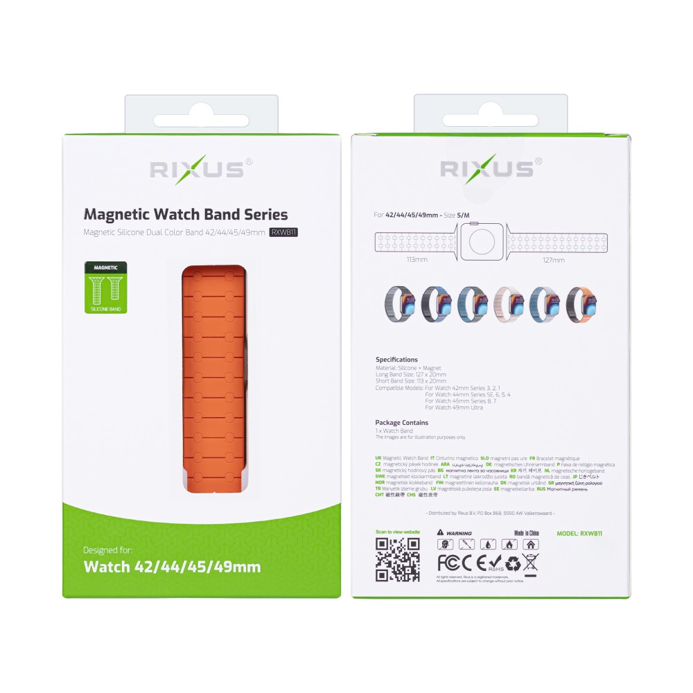 Rixus Silicone Band With Magnetic For Apple Watch 42mm, 44mm, 45mm, 49mm Orange + Midnight