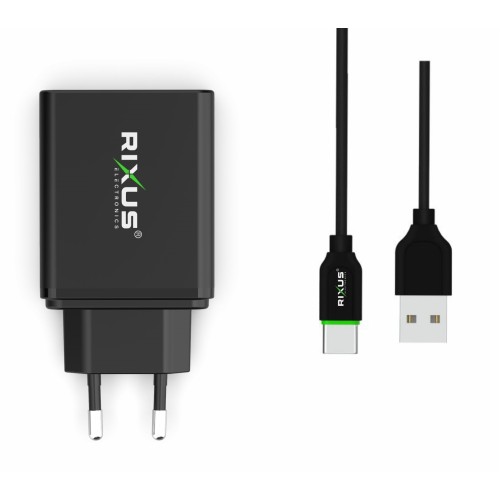 Rixus RX70B Dual USB And PD Charger With USB To Type-C Cable 30W Black