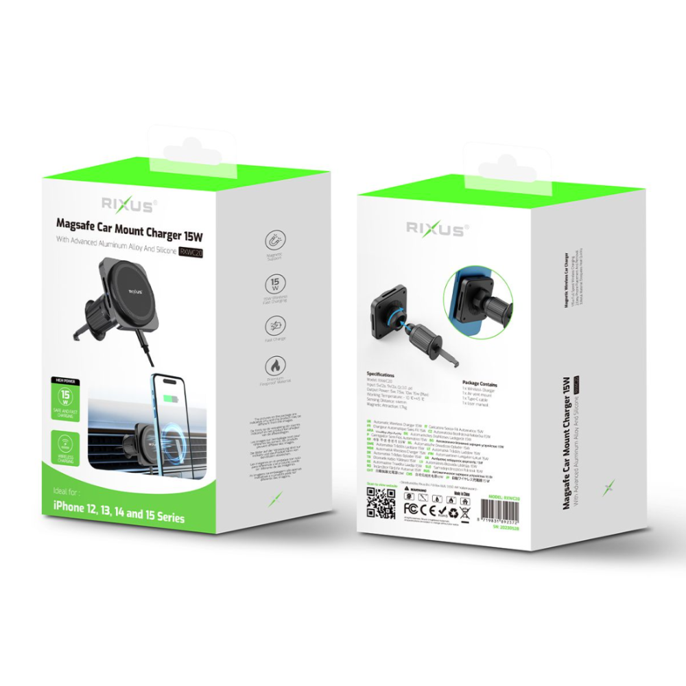 Rixus RXWC20 Wireless Car Charger With MagSafe Car Mount 15W Space Grey