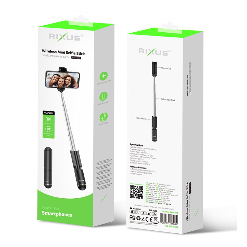 Rixus RXSF30B Mini Integrated Selfie Stick Bluetooth Black
